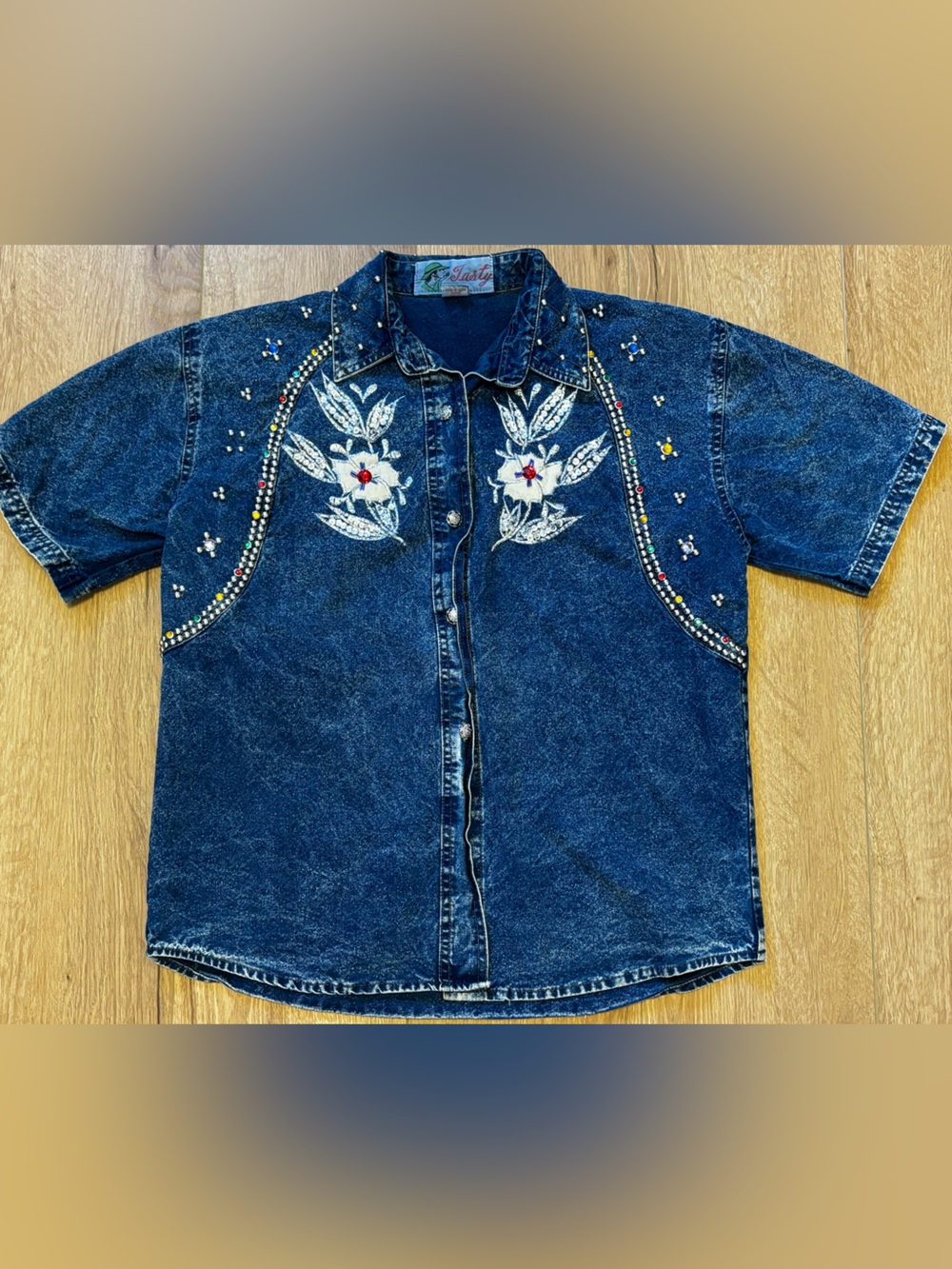 Vintage Tasty Bedazzled Rhinestone Embroidered Denim Shirt Jacket S